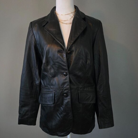 Women's Black Leather Jacket Blazer. Button Front. Long Sleeves. Size Small. - Picture 1 of 11
